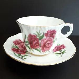 Royal Grafton Bone China with large deep pink Carnation flowers teacup & saucer