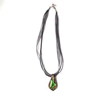 WATER Lily Pad Pond Flower Lily Art Glass Pendant Necklace w/ Black Ribbon