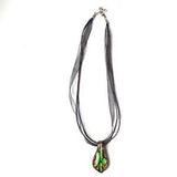 WATER Lily Pad Pond Flower Lily Art Glass Pendant Necklace w/ Black Ribbon