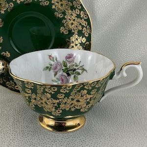 Stunning Dark Green Royal Albert Cup and Saucer Duo with Gold Chintz and Beautiful Floating Lilac Rose Bouquet