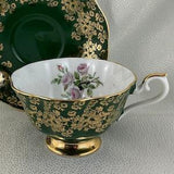 Stunning Dark Green Royal Albert Cup and Saucer Duo with Gold Chintz and Beautiful Floating Lilac Rose Bouquet