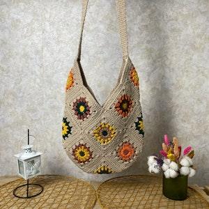 Crochet shoulder bag, Granny square bag, Bohemian style purse, Gift for mother, Sunflower vintage bag, Afghan Bag, Gift for her, Woman purse