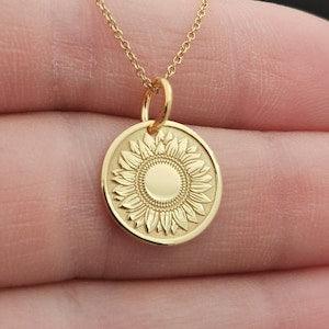 Dainty 14k Solid Gold Sunflower Pendant , Personalized Sunflower Necklace, Sunflower Coin