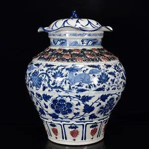 16.9" Old Antique yuan dynasty Porcelain Blue white kylin flower peony Lotus Pot