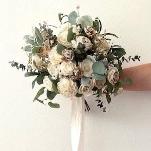 Natural Wood Flower Bridal Bouquet | Boho Woodsy Wedding Bouquet with Wood Flowers | MAE Collection in Neutral Soft White, Ivory, and Greens