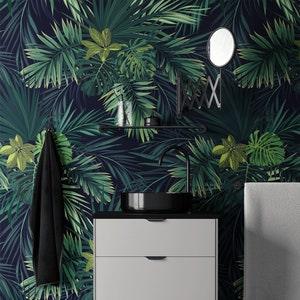 Tropical Leaves, Green Wallpaper, Dark Green Botanical, Removable Wallpaper, Peel and Stick Wallpaper, Repositionable Wallpaper #123