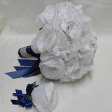 Wedding Bridal Bouquet Your Colors 2 pieces All White Bride's Bouquet Rose Hydrangeas with Groom's Boutonniere Navy Blue New