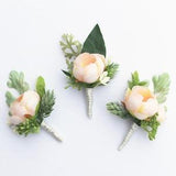 WEDDING BOUTONNIERE , Peach wedding Boutonniere , Peach Ranunculus Berries and Real to Touch Greenery