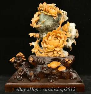 17" Natural Xiu Jade Jadeite Carved subshrubby peony flower Birds Lucky Statue