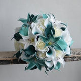 Fake Flowers Teal Bouquets, Bridesmaids Bouquets, Design in Real Touch Teal Tiger Lily Roses, Calla Lilies, Faux Flowers Bridal Bouquets