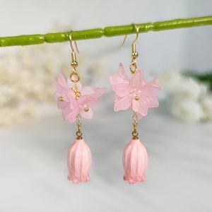 Lily of The Valley Resin flower  Earrings | Handmade Acrylic Flower Bouquet  Jewelry | Pink Flower Earrings For Women