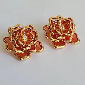Joan Rivers orange plique a jour carnation flower floral stud earrings gold tone