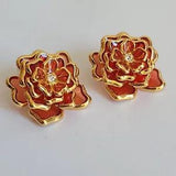 Joan Rivers orange plique a jour carnation flower floral stud earrings gold tone
