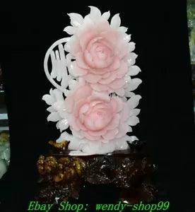 18" Fine China Natural Xiu Pink Jade Carve Peony Flower ??? ? ??? Word Art Statue