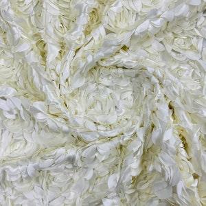 Ivory Rosette Fabric 3D Floral Fabric By The Yard, Peony Bouquet Fabric on Mesh, 3D Rosette Satin Fabric Wedding Decor.