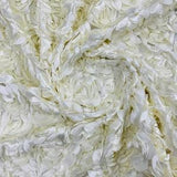 Ivory Rosette Fabric 3D Floral Fabric By The Yard, Peony Bouquet Fabric on Mesh, 3D Rosette Satin Fabric Wedding Decor.
