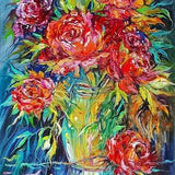 Red roses canvas painting, Flower bouquet oil painting, Rose petals green leaves, Flower vase blue background, Impasto painting 27.6
