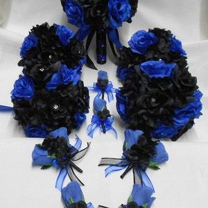 Wedding Silk Flower Bridal Bouquets Your Colors 18 pcs Package Royal Blue Black  Roses Toss Bridesmaids  Boutonniere Corsages New