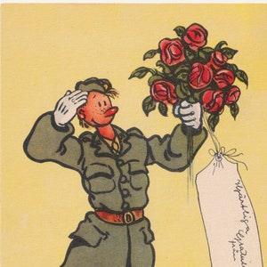 Congratulations / Flowers gift - Lovely Vintage old postcard Sweden 1940s - Soldier Rose bouquet war warrior army - Fashion dress flower