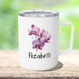 Personalized 10 oz Insulated Stainless Steel Tumbler, Hot or Cold Travel Mug, Custom Name and Flowers, Botanical Floral Orchids Coffee Mug