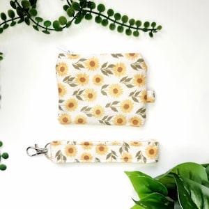 Sunflower Zippered Coin Pouch with Matching Wristlet, Coin Purse, Zipper Change Purse, Small Zipper Pouch, Floral, Handmade, Keychain