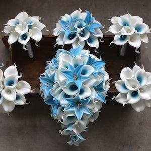 Malibu Bouquets, Real Touch Callas Lilies, Blue Tiger Lilies, Wedding Package, Boutonnieres