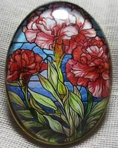 XL GLASS DOME "STAINED GLASS " FLOWER SERIES BUTTON - RED CARNATIONS    1-1/2 IN