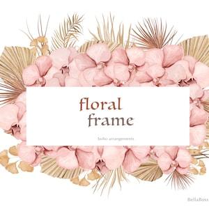 Pink Orchids Frame, Boho Floral Frame, Watercolor Orchids, Wedding Clipart, Dried Leaves, Pink Flowers, Palm Leaves, Boho Floral Wreath
