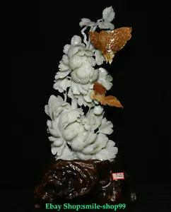 19.2"China Fine Natural Xiu Jade Fengshui Peony Flower Butterfly Statue