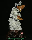 19.2"China Fine Natural Xiu Jade Fengshui Peony Flower Butterfly Statue