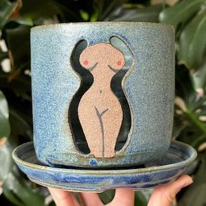 Woman Body Blue Green Brown Orchid Planter Pot with Holes and Optional Saucer