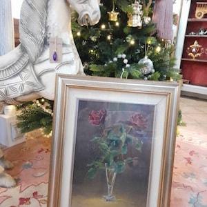 OIL painting on hardboard, framed glazed 1956, signed, roses painting,italian painting,golden frame, french painting,roses bouquet in a vase