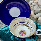 RARE Beautiful Cobalt Blue Aynsley Tea Cup, Heavy Gold Gilding with Cabbage Rose Bouquet, Avon Shape Wide Mouth Tea Cup, Perfect Condition