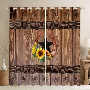 Western Retro Star Window Curtains, Rustic Horseshoe Window Drapes, Yellow Sunflower Brown Wooden Board Print Curtain Set, Handmade