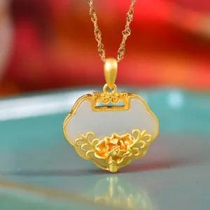 China Pure Silver S925 Inlay Hetian Jade Peony Flower Pingan Lock Pendant