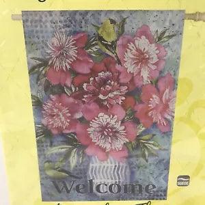 Evergreen Peonies on Blue Welcome Decorative Flag Flowers Goldfinch 29"x43"