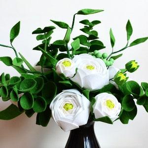 White Ranunculus, Eucalyptus, Many buds, Greenery, DIY Felt Flowers, Handmade Felt Flowers, Felt kit, Roll Your Own or Ready Bouquet
