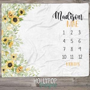 Sunflower Milestone Blanket, Yellow Sunflower Blanket, Personlized Girl Milestone, Baby Girl Growth Blanket, Watch Me Grow, Photo Blanket