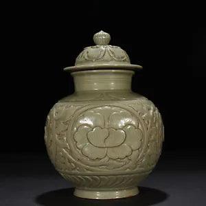 10.6" China Porcelain song dynasty yaozhou kiln cyan glaze peony flower Jar pot