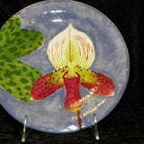 Hand Painted Ceramic Orchidware Small Plate - Paphiopedilum Orchid on indigo blue background, art piece; orchids, flowers, plants, decor
