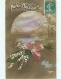NEW LISTINGcirca 1910 tinted rppc LILY OF THE VALLEY FLOWERS WITH PINK RIBBON o2704