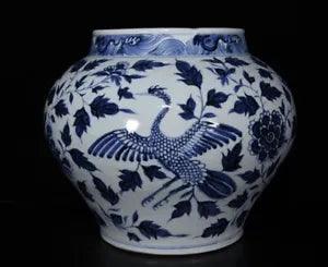 14.2" Old Antique Porcelain yuan dynasty Blue white phoenix peony flower Jar pot
