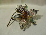 ROC Vintage Goldtone Lily w/Pink/Blue/Gold Filigree Leaves Center w/4 Stems 2" L
