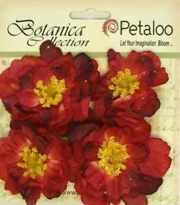 RUFFLED PEONY - RED - 45 to 50mm 4 Flowers & Centre FABRIC Textured Petaloo A1