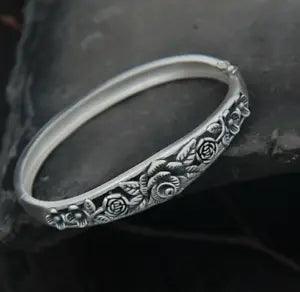 Pure S990 Sterling Silver 990 Fine Peony Flowers Bracelet Bangle Women Men 25.6g