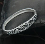 Pure S990 Sterling Silver 990 Fine Peony Flowers Bracelet Bangle Women Men 25.6g