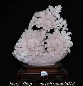 17.3'' Rare Natural Xiu Pink Jade Magpie Bird Birds Peony Flower Basket Statue