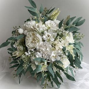 White Wedding Bouquet Bridal Bouquets Peony Rose Dahlia Eucalyptus Rustic Boho Wedding Flowers Faux Silk Cascade Bouquets Buttonhole Flower