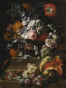 oil painting "hollyhock, carnations, flowers in a vase on a plinth "N10014