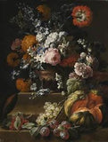 oil painting "hollyhock, carnations, flowers in a vase on a plinth "N10014